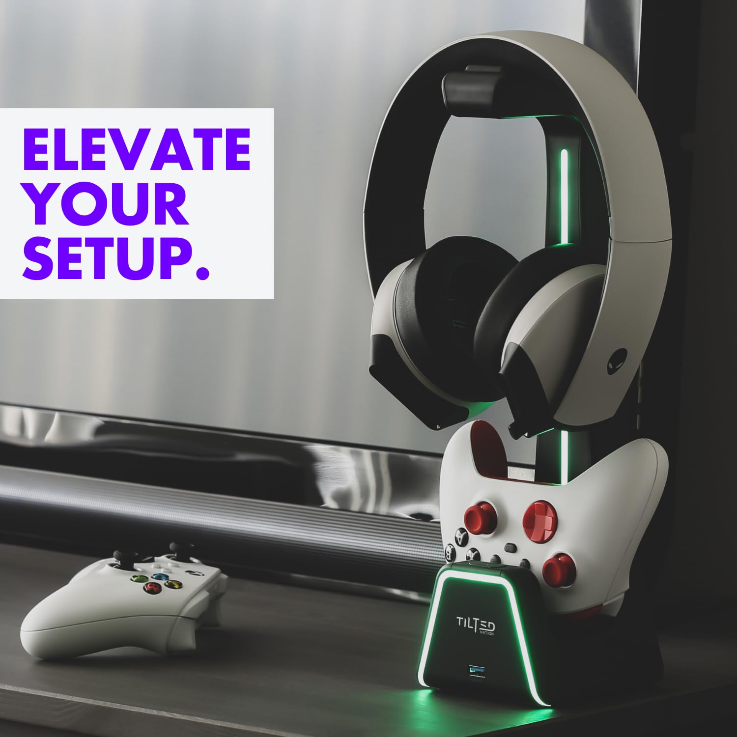 Tilted Nation RGB Headset and Controller Stand with Charging Station - for PlayStation or PC - PS4 / PS5 Controller Holder with Charger - Headphone and Game Controller Holder for Desk - White