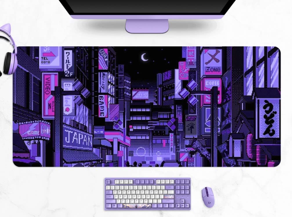 Dark Purple Japanese Anime Retro Vaporwave Mouse Mat Computer Lap Desk Anime Mouse Pad Kawaii Large Gaming Pad for Keyboard QDH