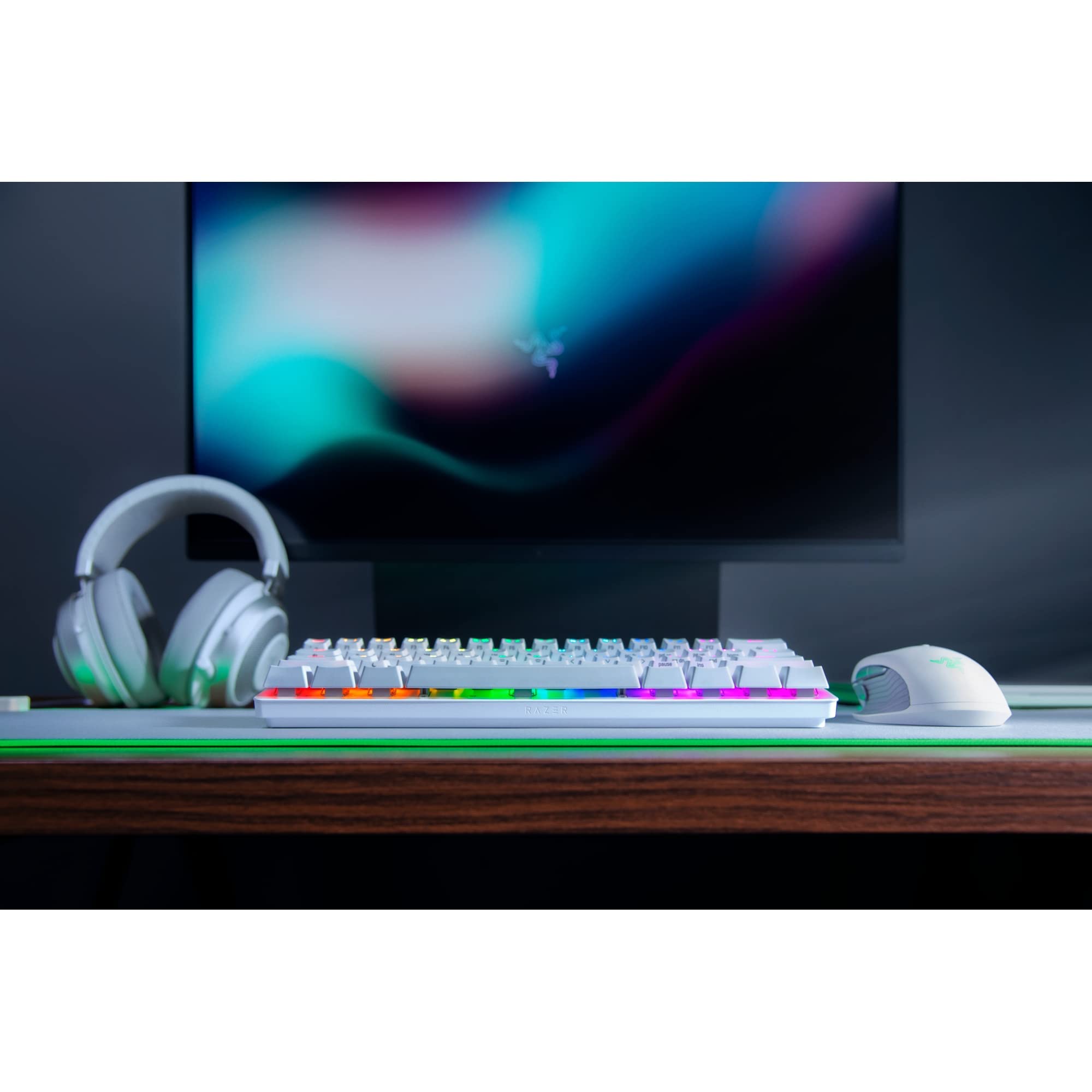 لوحة مفاتيح الألعاب Razer Huntsman Mini 60%: مفاتيح لوحة مفاتيح سريعة - مفاتيح بصرية نقرة - إضاءة Chroma RGB - مفاتيح PBT - ذاكرة مدمجة - Snap Tap - أبيض