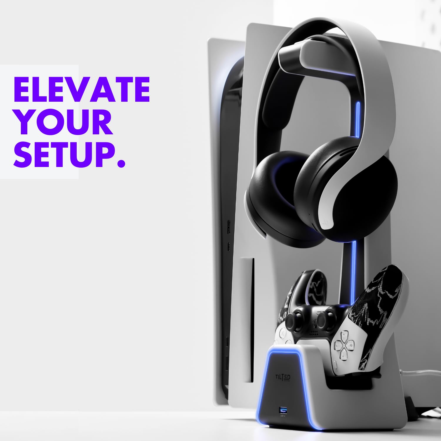 Tilted Nation RGB Headset and Controller Stand with Charging Station - for PlayStation or PC - PS4 / PS5 Controller Holder with Charger - Headphone and Game Controller Holder for Desk - White