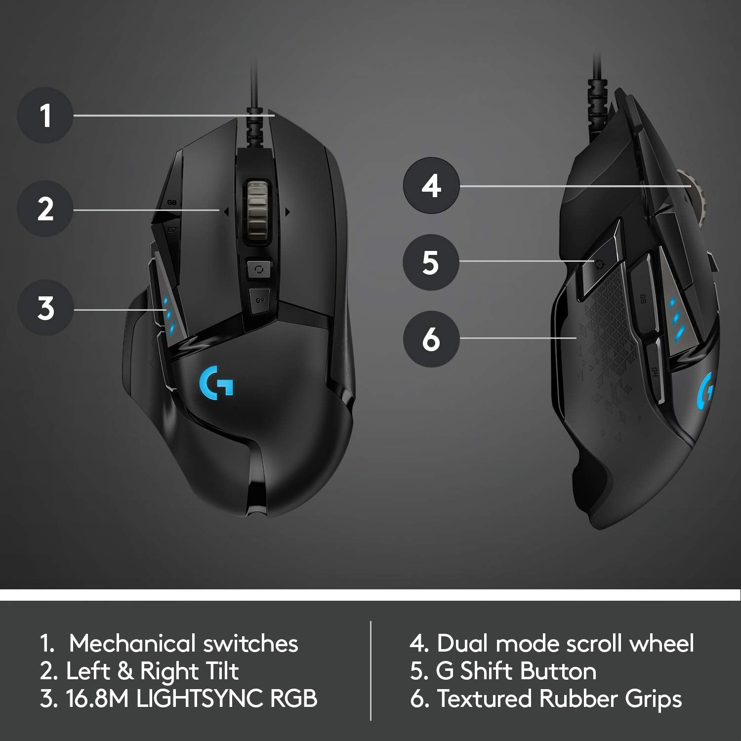 ماوس الألعاب السلكي عالي الأداء Logitech G502 HERO، مستشعر HERO 25K، 25,600 DPI، RGB، أوزان قابلة للتعديل، 11 زرًا قابلًا للبرمجة، ذاكرة مدمجة، PC / Mac