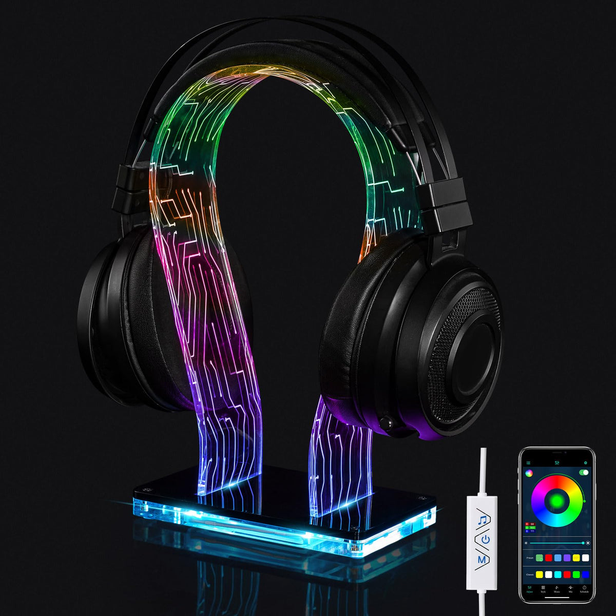 OAPRIRE RGB Headphone Stand with 213 Modes and 60000 Colors, Gaming Headset Stand RGB with Remote and App Controls, Universal Design, Perfect Acrylic Headset Holder for Gaming, Home Office