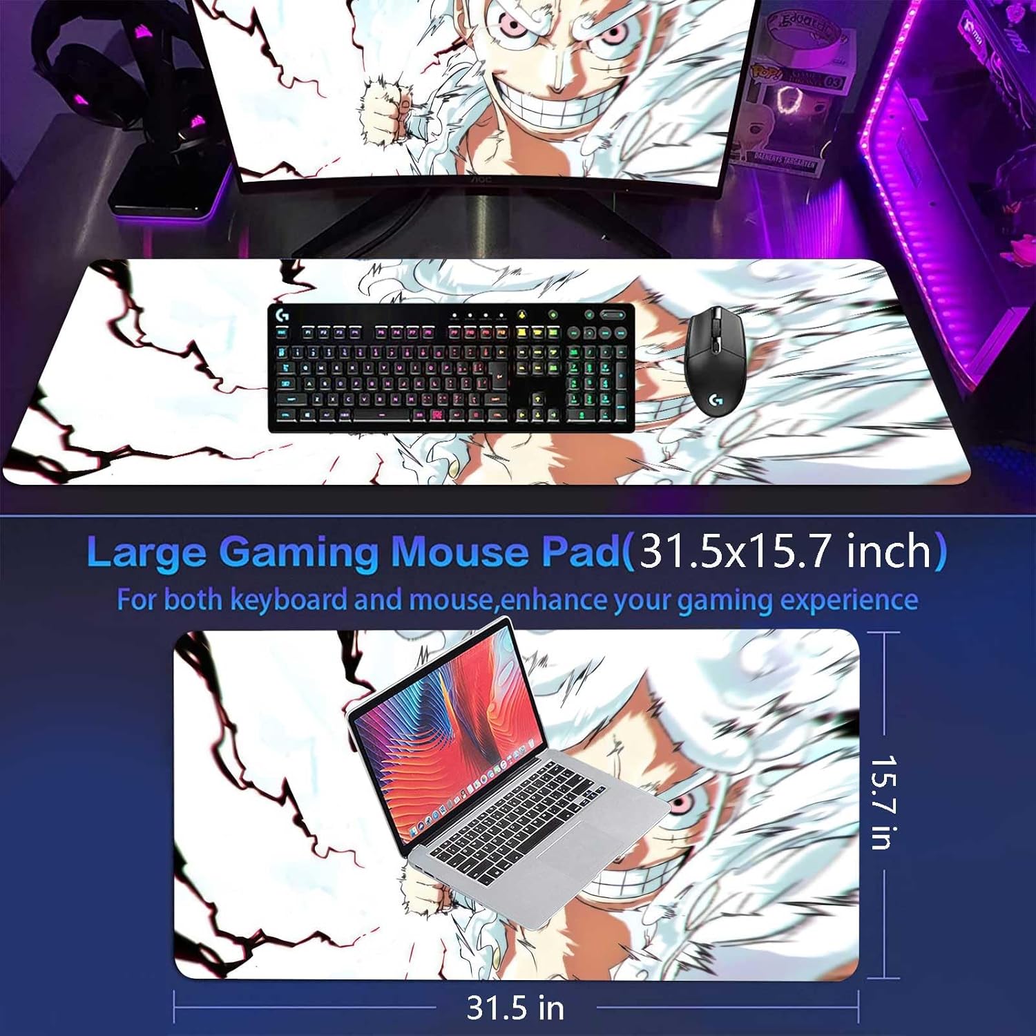 Anime Mouse Pad Luffygear 5,Extended Gaming Desk Pad with Stitched Edges, Large Mouse Mat with Non-Slip Rubber Base for Work & Gaming, Office & Home, 31.5x15.7 inch