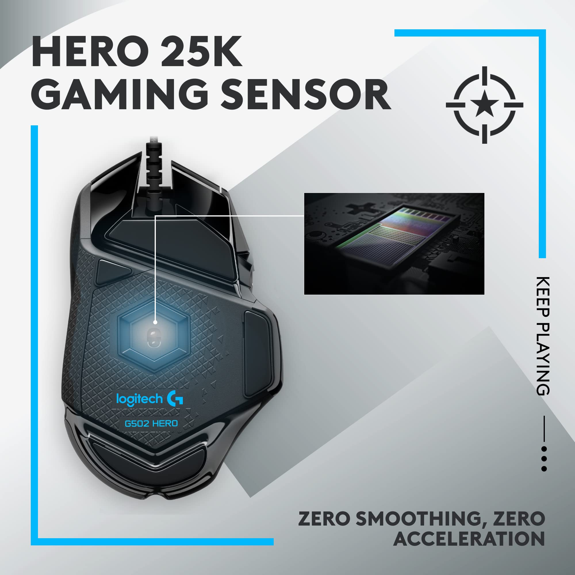 ماوس الألعاب السلكي عالي الأداء Logitech G502 HERO، مستشعر HERO 25K، 25,600 DPI، RGB، أوزان قابلة للتعديل، 11 زرًا قابلًا للبرمجة، ذاكرة مدمجة، PC / Mac