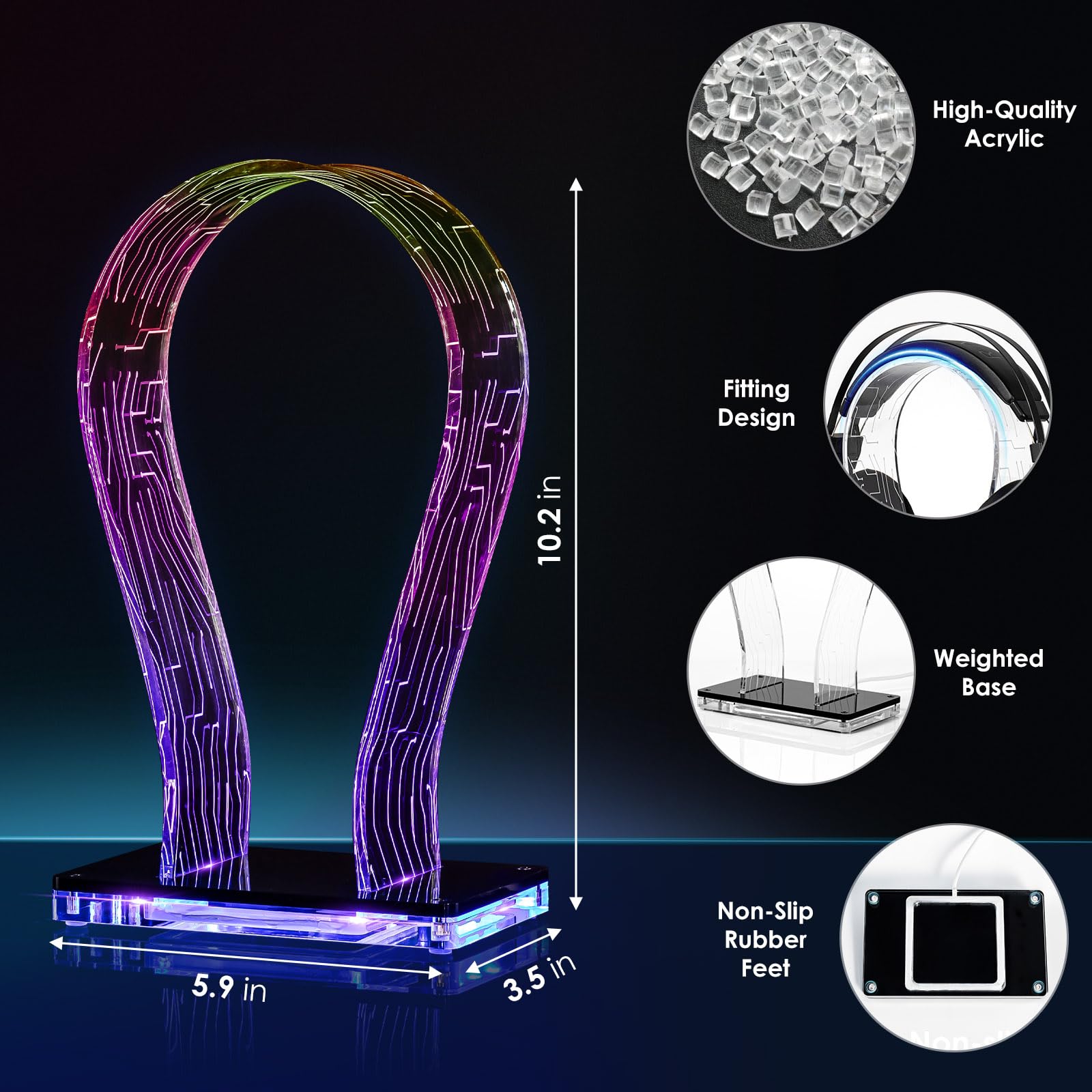 حامل سماعات OAPRIRE RGB مع 213 وضعية و60000 لون، حامل سماعات ألعاب RGB مع تحكم عن بُعد وتطبيق، تصميم عالمي، حامل سماعات أكريليك مثالي للألعاب، المكتب المنزلي