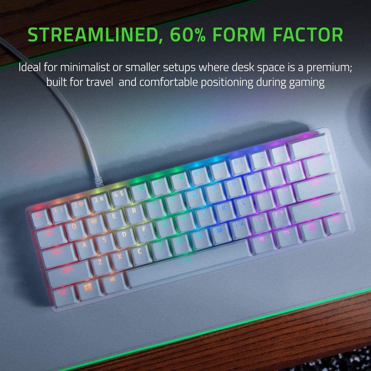 لوحة مفاتيح الألعاب Razer Huntsman Mini 60%: مفاتيح لوحة مفاتيح سريعة - مفاتيح بصرية نقرة - إضاءة Chroma RGB - مفاتيح PBT - ذاكرة مدمجة - Snap Tap - أبيض