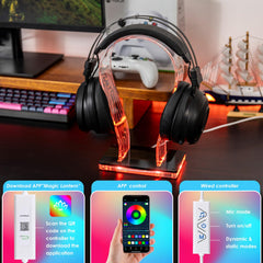 OAPRIRE RGB Headphone Stand with 213 Modes and 60000 Colors, Gaming Headset Stand RGB with Remote and App Controls, Universal Design, Perfect Acrylic Headset Holder for Gaming, Home Office