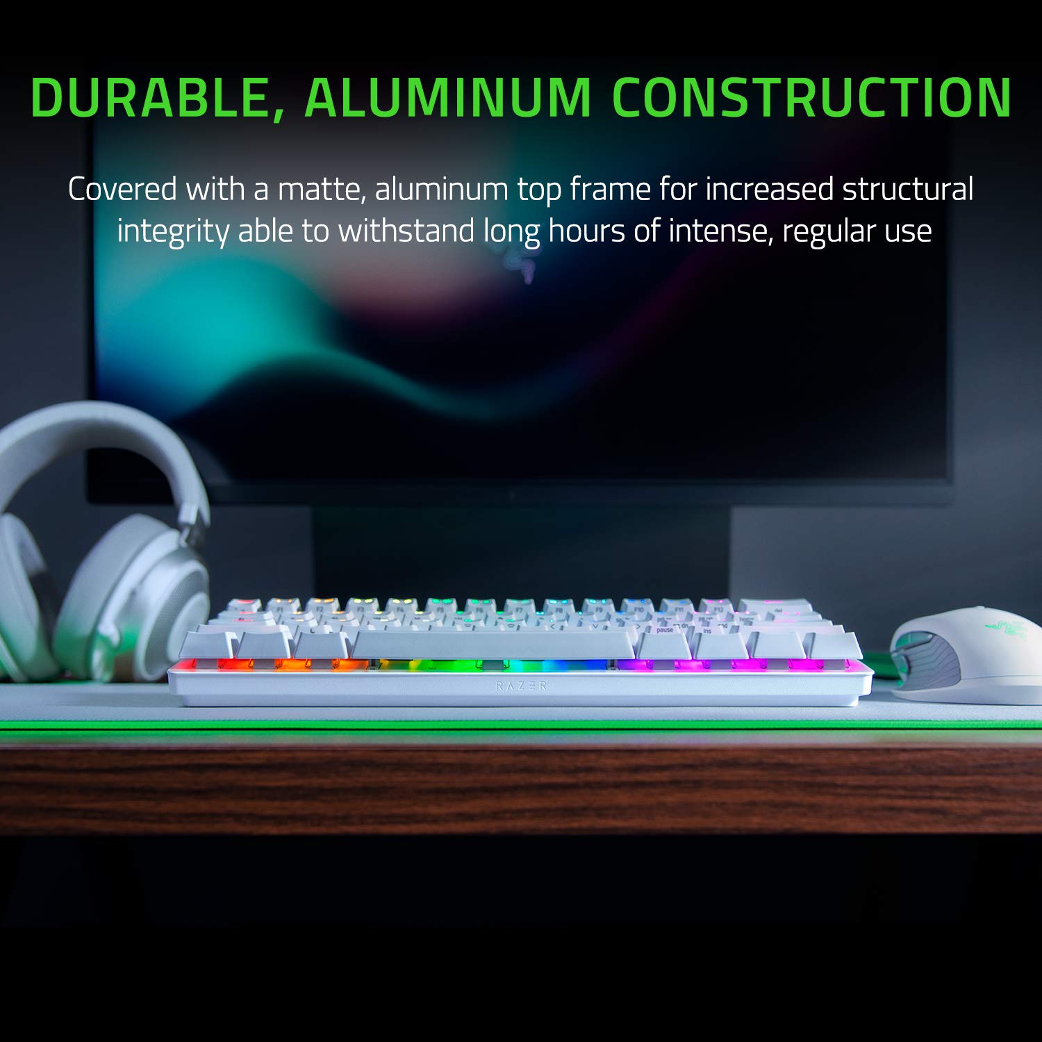 لوحة مفاتيح الألعاب Razer Huntsman Mini 60%: مفاتيح لوحة مفاتيح سريعة - مفاتيح بصرية نقرة - إضاءة Chroma RGB - مفاتيح PBT - ذاكرة مدمجة - Snap Tap - أبيض