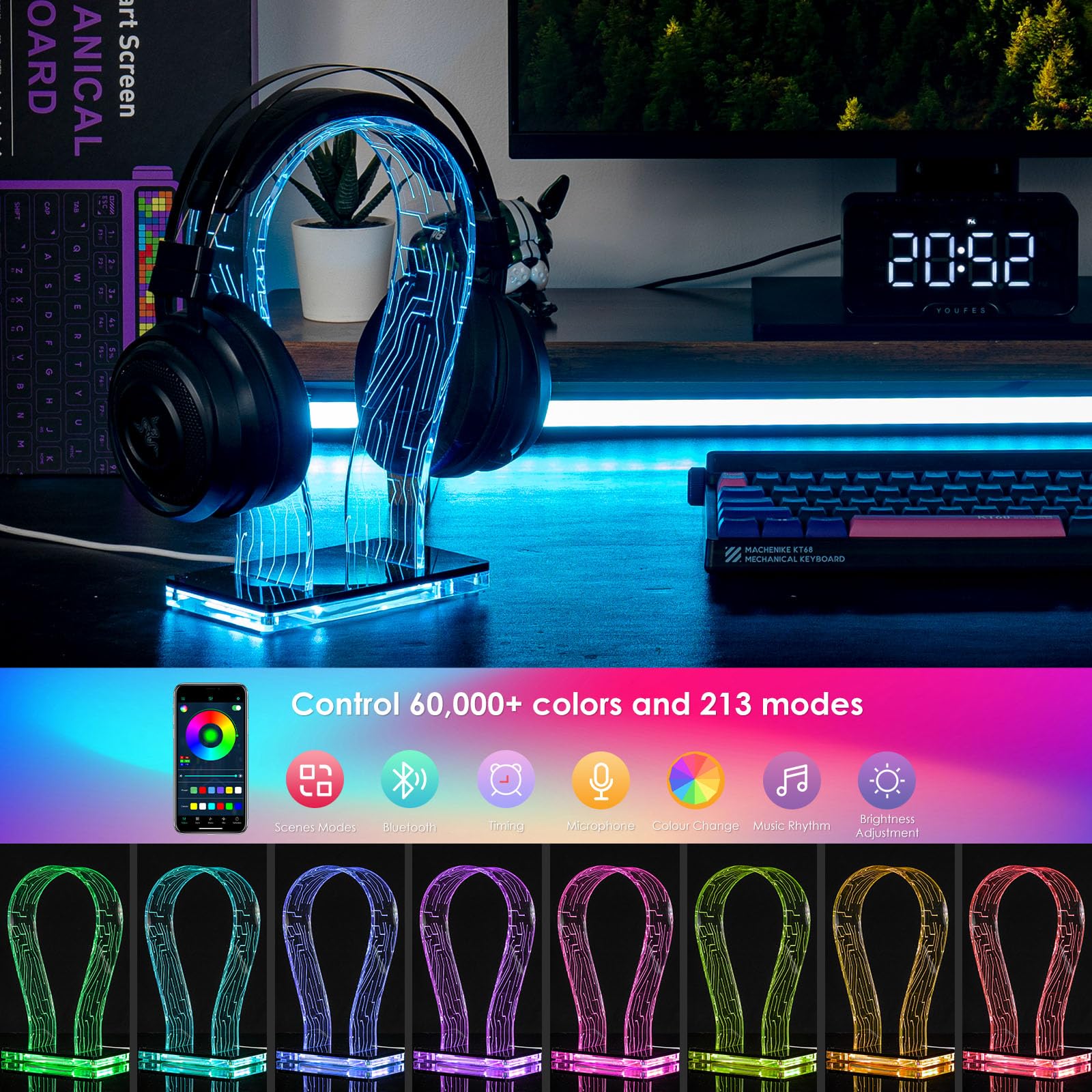 حامل سماعات OAPRIRE RGB مع 213 وضعية و60000 لون، حامل سماعات ألعاب RGB مع تحكم عن بُعد وتطبيق، تصميم عالمي، حامل سماعات أكريليك مثالي للألعاب، المكتب المنزلي