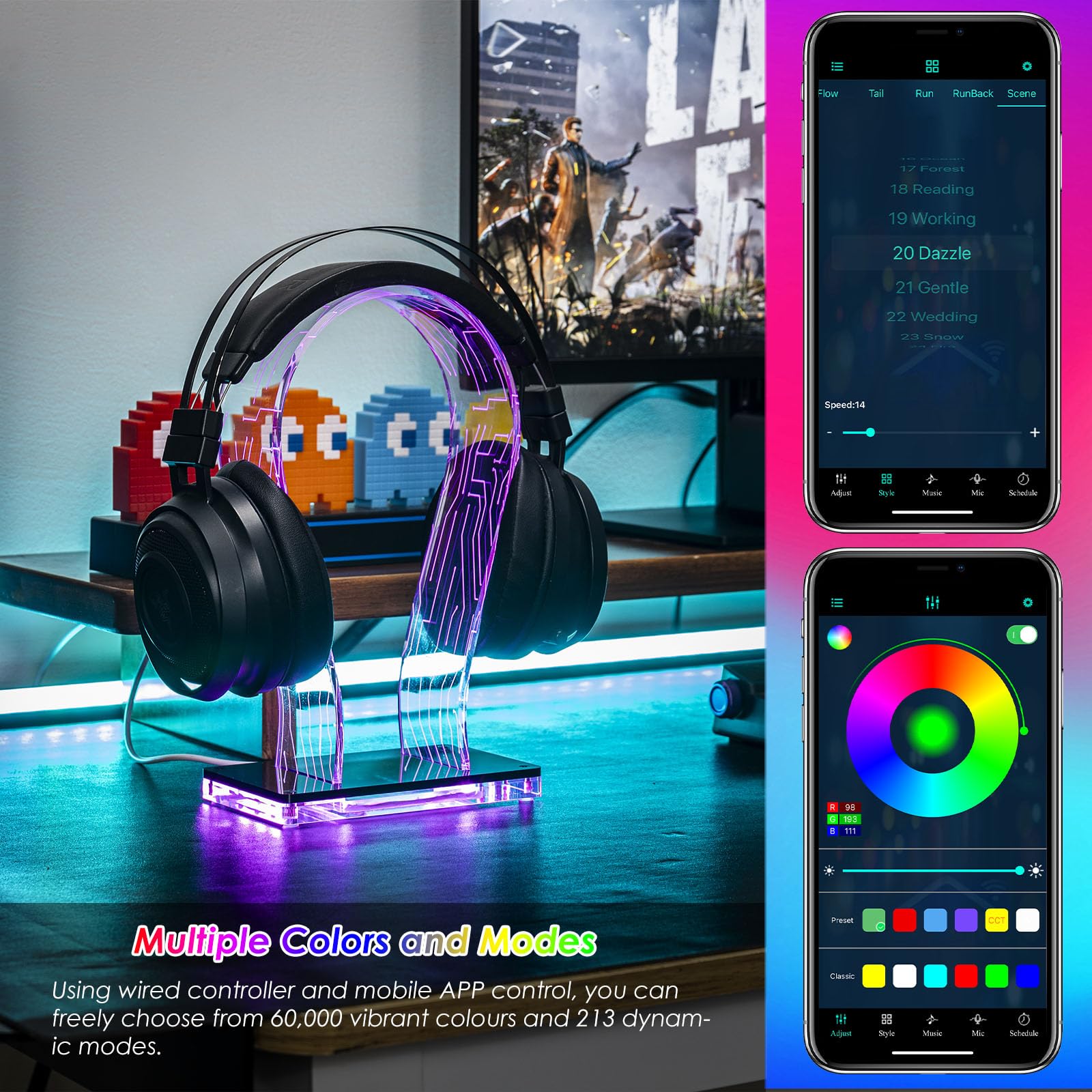 OAPRIRE RGB Headphone Stand with 213 Modes and 60000 Colors, Gaming Headset Stand RGB with Remote and App Controls, Universal Design, Perfect Acrylic Headset Holder for Gaming, Home Office