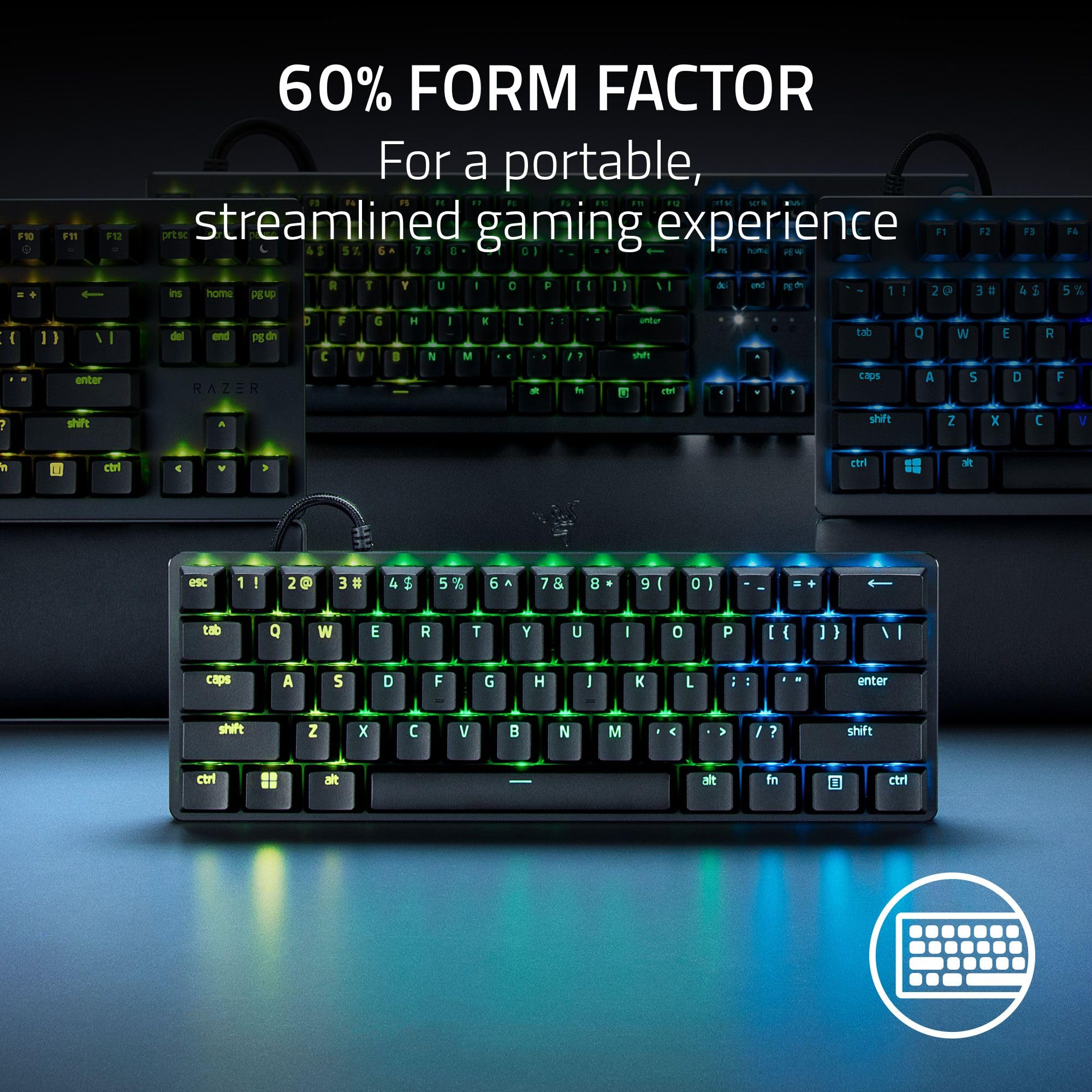 لوحة مفاتيح الألعاب Razer Huntsman Mini 60%: مفاتيح لوحة مفاتيح سريعة - مفاتيح بصرية نقرة - إضاءة Chroma RGB - مفاتيح PBT - ذاكرة مدمجة - Snap Tap - أبيض