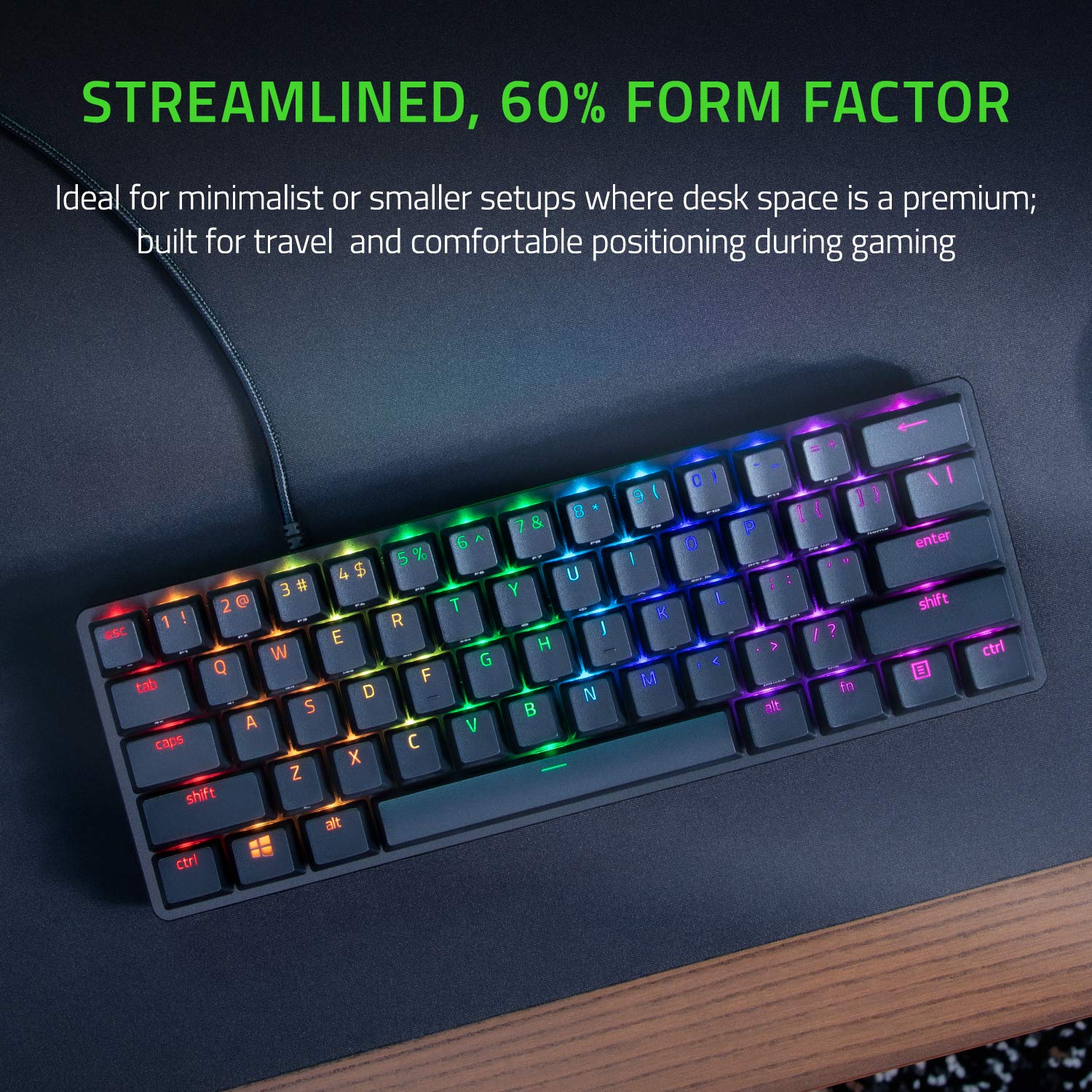 لوحة مفاتيح الألعاب Razer Huntsman Mini 60%: مفاتيح لوحة مفاتيح سريعة - مفاتيح بصرية نقرة - إضاءة Chroma RGB - مفاتيح PBT - ذاكرة مدمجة - Snap Tap - أبيض