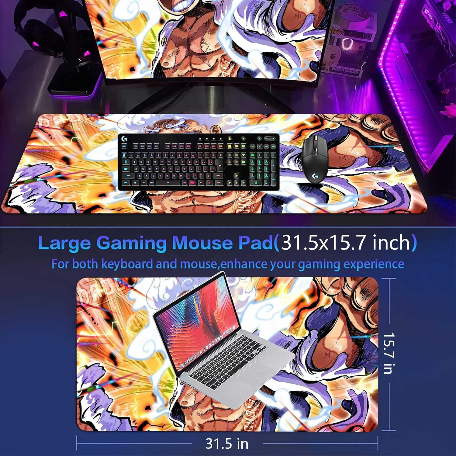 Anime Mouse Pad Luffygear 5,Extended Gaming Desk Pad with Stitched Edges, Large Mouse Mat with Non-Slip Rubber Base for Work & Gaming, Office & Home, 31.5x15.7 inch