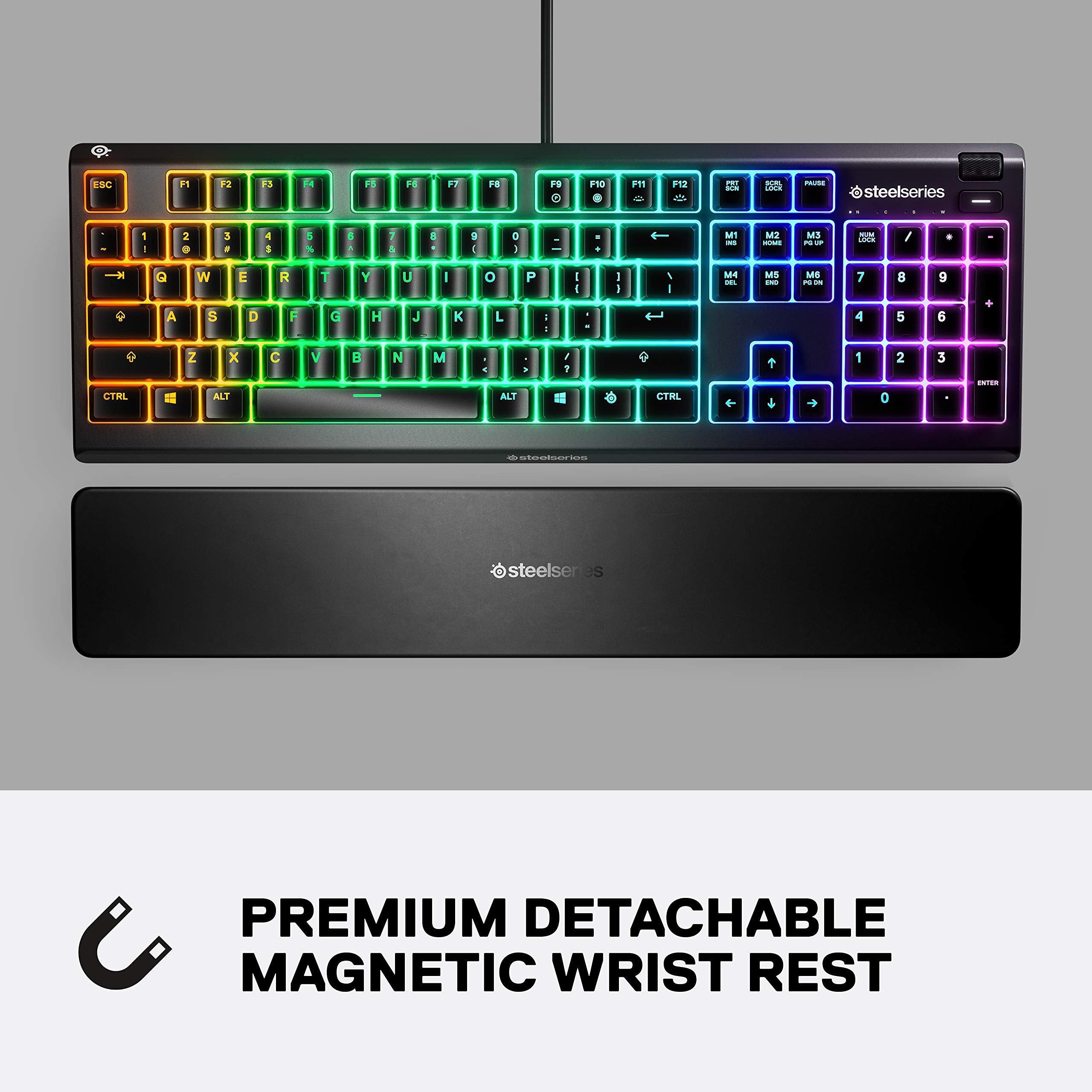 SteelSeries Apex 3 RGB Gaming Keyboard – 10-Zone RGB Illumination – IP32 Water Resistant – Premium Magnetic Wrist Rest (Whisper Quiet Gaming Switch) (Renewed)